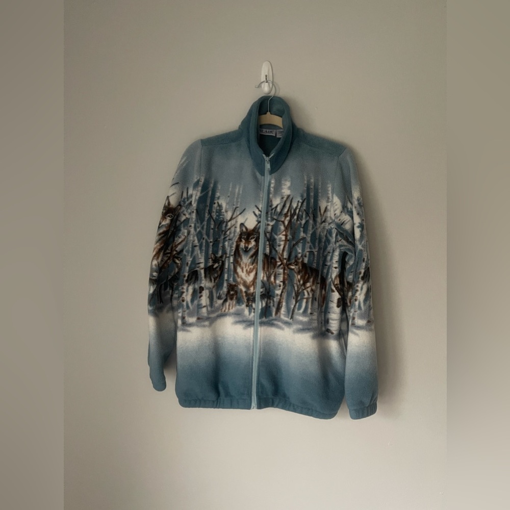 Vintage Blair blue zip fleece jacket - wolf, forest, woods art print, shearling
